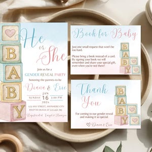 Baby Blocks Gender Reveal Einladungsset, Er oder Sie Gender Reveal Einladungspaket, Boho Gender Reveal Bundle, Holzblöcke