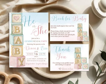 Baby Blocks Gender Reveal Invitation Set, He or She Gender Reveal Invitation Bundle, Boho Gender Reveal Bundle, Wooden Blocks Gender Reveal
