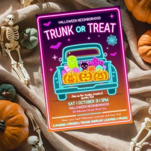 May include: A Halloween-themed poster with a neon truck graphic, pumpkins, and the text "TRUNK OR TREAT." The poster is surrounded by pumpkins and skeleton decorations, creating a festive autumn scene.