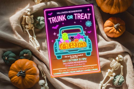 Neon Trunk or Treat Invitation Template, Neighborhood Trunk or Treat Flyer Template, Halloween Trick or Treat Invite, Neon Halloween Party