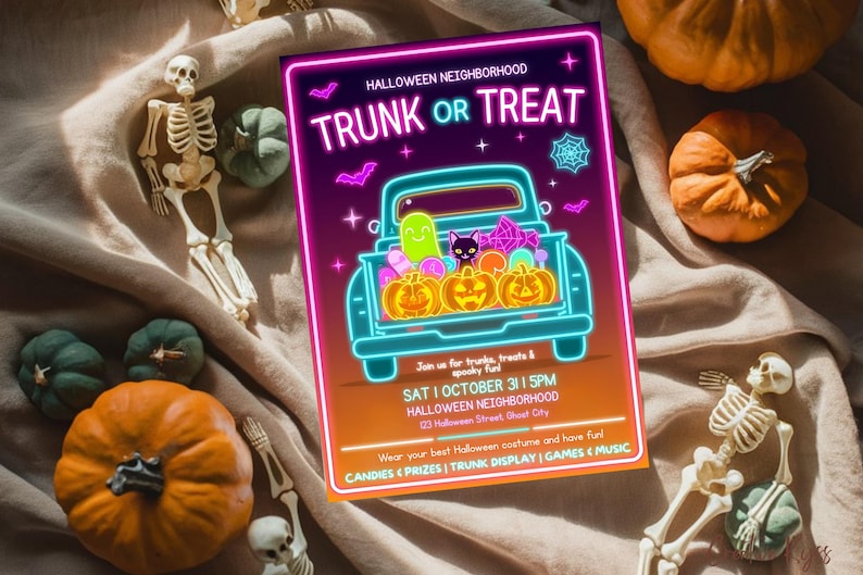 May include: A Halloween-themed poster with a neon truck graphic, pumpkins, and the text "TRUNK OR TREAT." The poster is surrounded by pumpkins and skeleton decorations, creating a festive autumn scene.