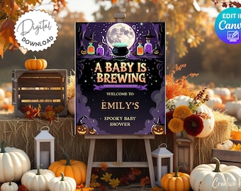 May include: A Halloween-themed baby shower sign with the text "A Baby is Brewing" and "Welcome to Emily's Spooky Baby Shower." The sign is on an easel, surrounded by pumpkins, gourds, and fall foliage. The words "Digital Download" are also visible.