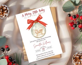 May include: A baby shower invitation with the text "A Merry Little Baby Is On The Way!" features a watercolour illustration of a baby carriage inside a Christmas bauble with a red bow. The invitation includes event details.