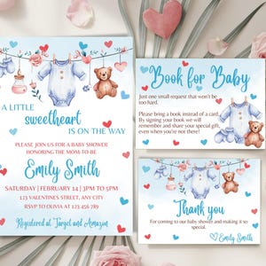 Modèle d'ensemble d'invitations pour baby shower pour la Saint-Valentin, ensemble d'invitations pour baby shower coeurs, ensemble d'invitations pour baby shower de corde à linge garçon la Saint-Valentin