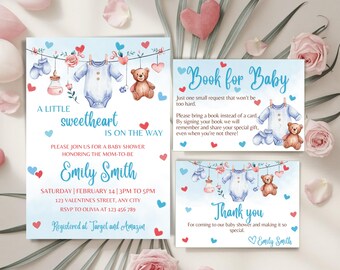 Valentines Baby Shower Invitation Set Template, Hearts Baby Shower Invitation Set, Valentine Boy Clothesline Baby Shower Invite Set