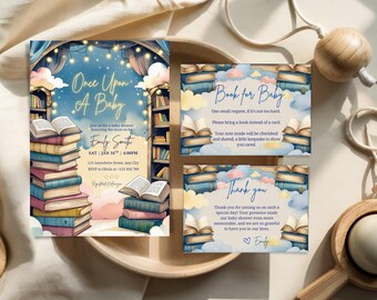 Modèle de jeu d'invitations pour baby shower livre d'histoires, il était une fois un bébé cartes de baby shower, un nouveau chapitre jeu d'invitation de baby shower, livre à thème douche