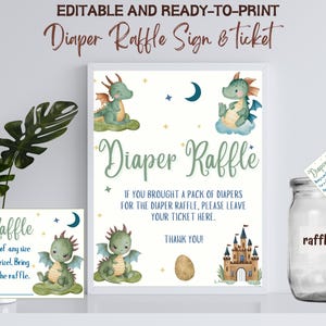 Plantilla para cartel de rifa de pañales para baby shower con diseño de dragón, boleto de rifa de pañales para baby shower con diseño de un pequeño dragón, juego de rifa de pañales para bebé niño con diseño de dragón