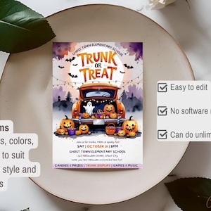 Puede incluir: Una invitaci&oacute;n con tem&aacute;tica de Halloween con el texto "Trunk or Treat" sobre un cami&oacute;n naranja lleno de calabazas. La invitaci&oacute;n incluye detalles del evento y el texto "Easy to edit, No software needed, Can do unlimited revisions."