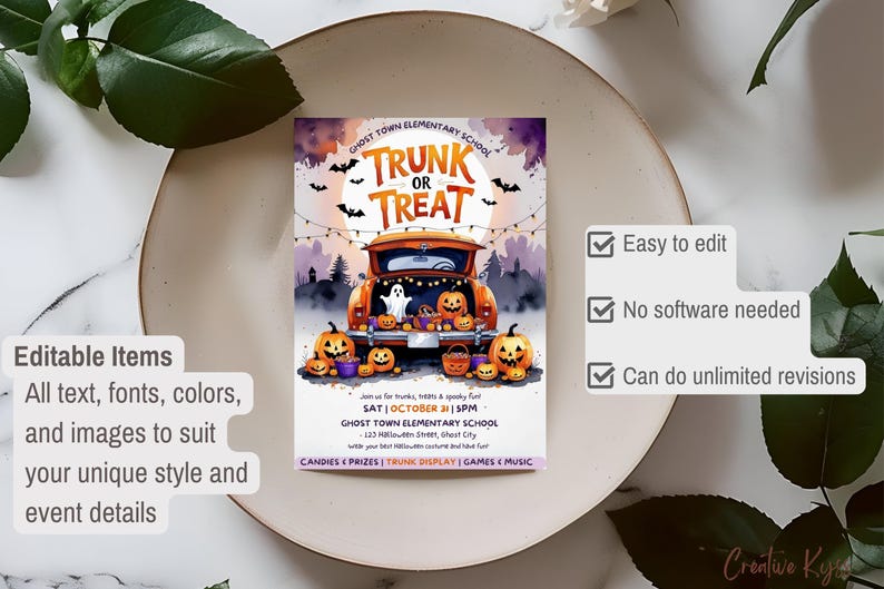 Puede incluir: Una invitaci&oacute;n con tem&aacute;tica de Halloween con el texto "Trunk or Treat" sobre un cami&oacute;n naranja lleno de calabazas. La invitaci&oacute;n incluye detalles del evento y el texto "Easy to edit, No software needed, Can do unlimited revisions."