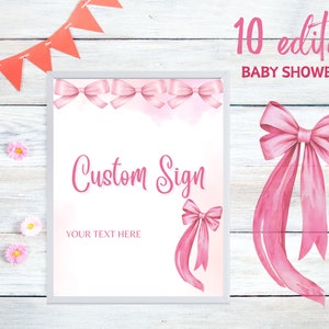 Pink Bow Baby Shower Custom Sign Template, Pink Ribbon Baby Shower, Minimalist Baby Girl Baby Shower Sign, Pink Ribbon Custom Sign