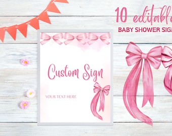 Pink Bow Baby Shower Custom Sign Template, Pink Ribbon Baby Shower, Minimalist Baby Girl Baby Shower Sign, Pink Ribbon Custom Sign