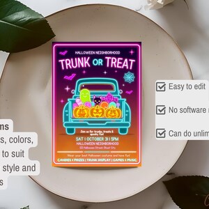 May include: A Halloween-themed invitation with a neon-style design. The invitation features a truck filled with pumpkins and ghosts, with the text "TRUNK OR TREAT". Additional text includes event details and editable item information.