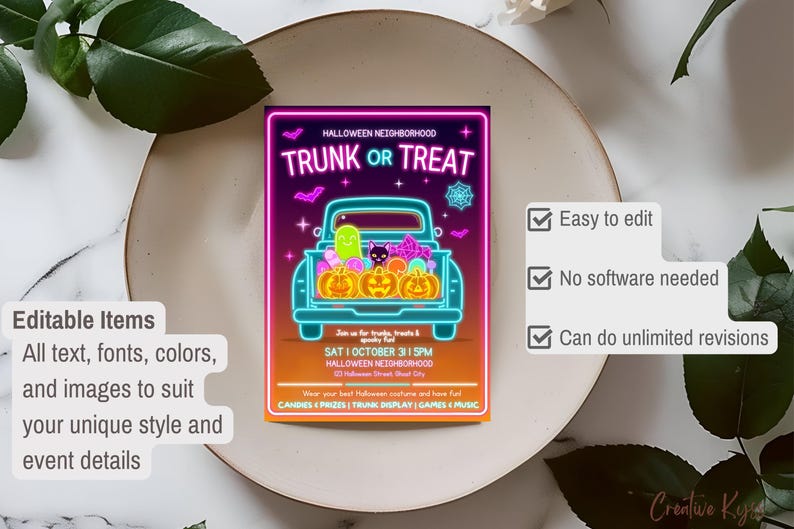 May include: A Halloween-themed invitation with a neon-style design. The invitation features a truck filled with pumpkins and ghosts, with the text "TRUNK OR TREAT". Additional text includes event details and editable item information.