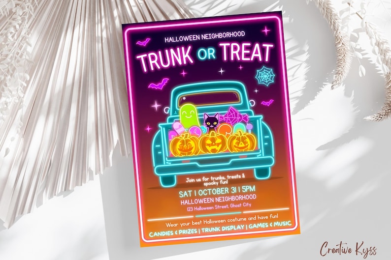May include: A neon-style Halloween-themed poster with a teal truck bed filled with pumpkins, candy, and a ghost. The poster has the text "TRUNK OR TREAT" and event details, including the date, time, and location.