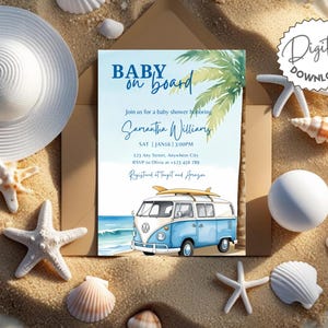 Baby On Board Baby Shower Editable Invitation, Summer Baby Shower Invitation, Surfboard Baby Shower Invitation, Coastal Baby Shower Invite