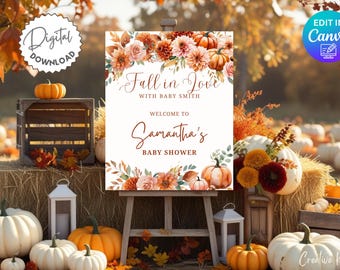 Könnte beinhalten: Ein herbstliches Babyparty-Schild mit Kürbissen und Blumen. Der Text lautet "Fall in Love with Baby Smith" und "Welcome to Samantha's Baby Shower". Das Bild zeigt auch Heuballen und Herbstlaub.