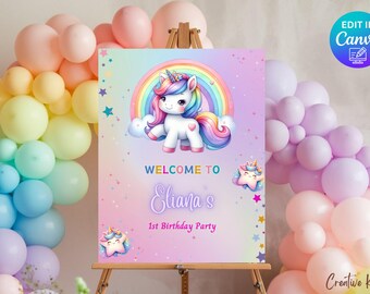 Modèle de plaque de bienvenue d'anniversaire arc-en-ciel de licorne | Panneau de bienvenue modifiable de paillettes arc-en-ciel de licorne, panneau de bienvenue de fête d'anniversaire de licorne