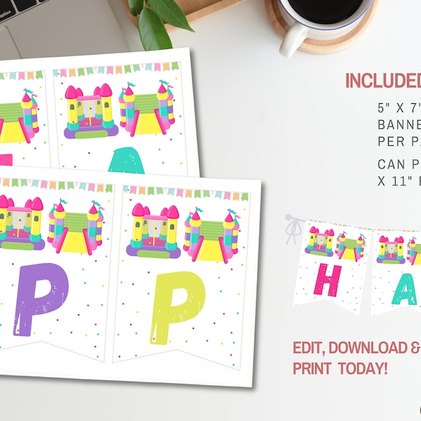 Bounce House Birthday Party Banner Template, Bouncing House Party Theme Birthday Banner, Editable Bounce House Party Birthday Banner