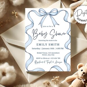 Minimalist Blue Bow Baby Shower Invitation Template, Blue Ribbon Baby Shower, Bow Baby Boy Shower Invite, Coquette Baby Shower Invitation