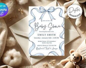 May include: A blue and white baby shower invitation with a blue ribbon bow and the text "Join us for a Baby Shower honoring the mom-to-be Emily Smith Saturday | January 16th | 4:00 PM Bridal Venue, 123 Anywhere Street, Any City RSVP to Olivia at +123 456 789 Registered at Target & Amazon"