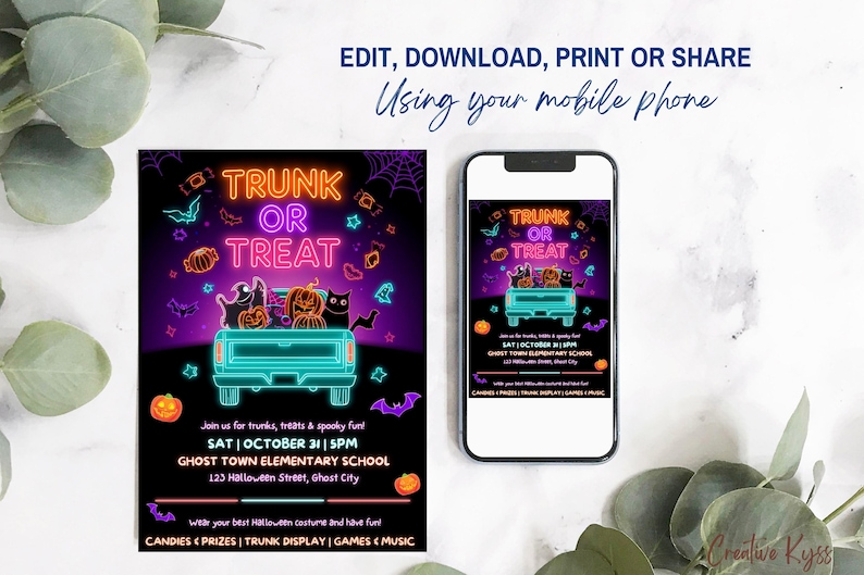 May include: A Halloween-themed invitation with the words "TRUNK OR TREAT" in neon orange and teal. The design includes a teal truck filled with pumpkins and cats, with bats and stars. The text reads "EDIT, DOWNLOAD, PRINT OR SHARE Using your mobile phone."