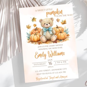 May include: A baby shower invitation with a watercolor illustration of a teddy bear wearing a blue bow tie surrounded by pumpkins. The text reads "A sweet little pumpkin is on the way!" and includes the name "Emily Williams" and details for the event.