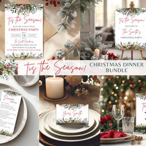 Op de afbeelding: Een kerstdinerbundel met uitnodigingen, menu's, naambordjes en tafelsignalen. De ontwerpen bevatten aquarel illustraties van dennenappels, bessen en groen. De tekst "Tis the Season!" wordt weergegeven.