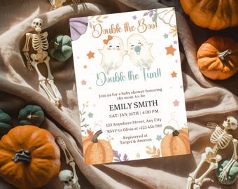 Double the Boo Baby Shower Invitation Template, Twins Ghost Baby Shower Invite, Halloween Gender Reveal Invite, Boy or Girl Ghost Invite
