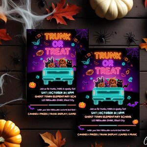 May include: Two Halloween-themed flyers with the text "TRUNK OR TREAT" in neon colors. The flyers feature a truck with pumpkins and cats, surrounded by bats and stars. Pumpkins, leaves, and spiders decorate the wooden background.