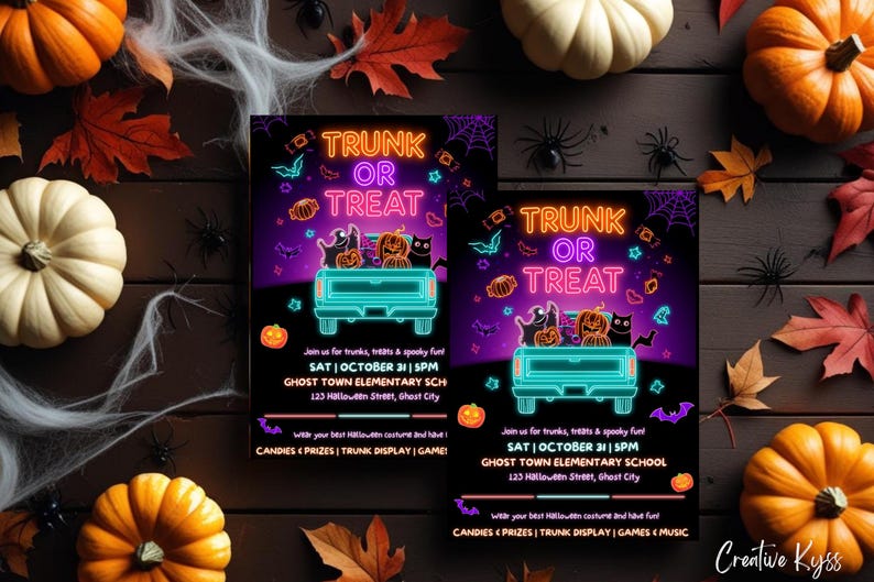 May include: Two Halloween-themed flyers with the text "TRUNK OR TREAT" in neon colors. The flyers feature a truck with pumpkins and cats, surrounded by bats and stars. Pumpkins, leaves, and spiders decorate the wooden background.