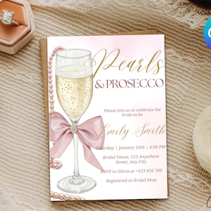 Pearls and Prosecco Bridal Shower Invitation Template, Pink Pearl Bridal Shower Invite, Elegant Bridal Shower Invite, Pink Bow Bridal Shower