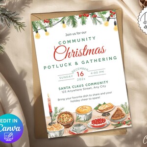 以下が含まれることがあります： お祝いのクリスマス・ポットラックの招待状。様々な料理の水彩イラストが特徴で、「Community Christmas Potluck & Gathering」のテキストとイベントの詳細が記載されています。デジタルダウンロードです。