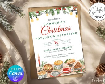 Christmas Potluck Invitation Template, Community Christmas Dinner, Editable Church Holiday Community Potluck and Gathering Invite