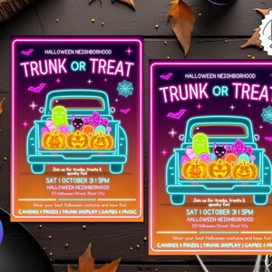 May include: Two Halloween-themed posters with a neon truck design. The posters read "Trunk or Treat" and include pumpkins, ghosts, and a black cat. The text on the poster says "Join us for trunks, treats & spooky fun".