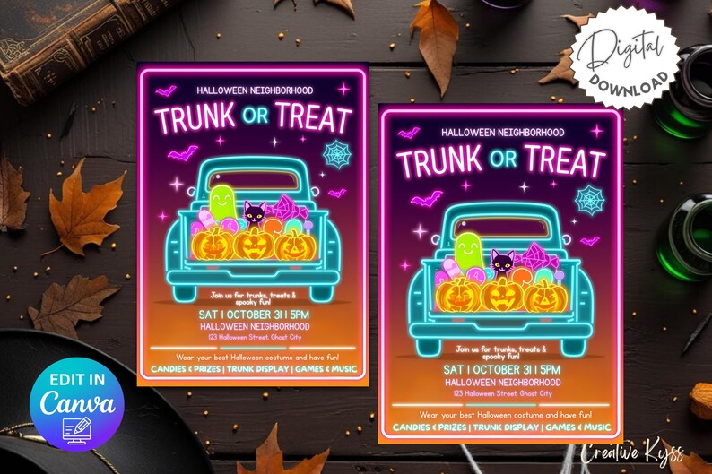 May include: Two Halloween-themed posters with a neon truck design. The posters read "Trunk or Treat" and include pumpkins, ghosts, and a black cat. The text on the poster says "Join us for trunks, treats & spooky fun".
