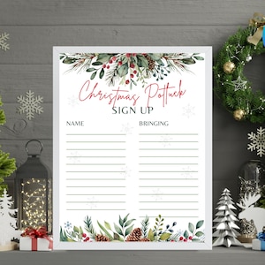 May include: Printable Christmas potluck sign up sheet with a watercolor design of greenery, berries, and pine cones. The sign up sheet has columns for names and what they are bringing.
