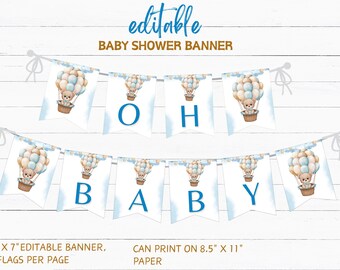 Bear Baby Shower Banner Template, Blue Bear Baby Shower Banner, Editable Boy Baby Shower Banner, Hot Air Balloon Bear Baby Shower Banner