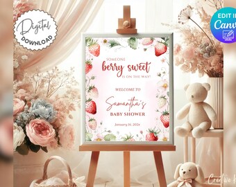 Berry Sweet Baby Shower Welcome Sign Template, Someone Berry Sweet is On The Way, Strawberry Baby Shower Welcome Sign, Editable Canva