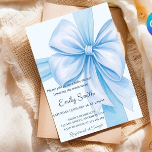 Blue Bow Baby Shower Invitation Template, Blue Ribbon Baby Shower, Minimalist Baby Boy Baby Shower Invite, Blue Coquette Baby Shower Invite