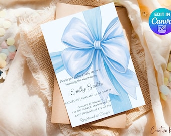 Blue Bow Baby Shower Invitation Template, Blue Ribbon Baby Shower, Minimalist Baby Boy Baby Shower Invite, Blue Coquette Baby Shower Invite