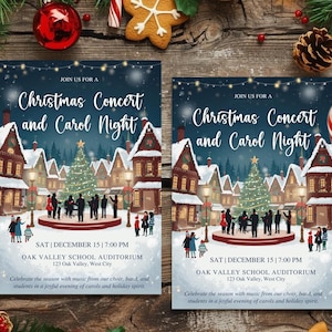 Peut inclure: Deux invitations pour un concert de Noël et une soirée de chants de Noël avec une scène de village d'hiver, entourées de décorations festives comme des cannes en sucre, des boules et des branches de pin. Les invitations présentent les détails de l'événement.