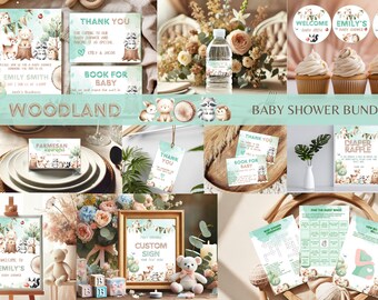 May include: A baby shower bundle with a woodland theme. The image features invitations, thank you cards, cupcake toppers, and other decorations. The designs include watercolor illustrations of woodland animals in soft colors.