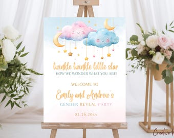 Little Star Gender Reveal Welcome Sign Template, Twinkle Twinkle Little Star Party Sign , Moon and Gold Stars Theme, Blue Pink Cloud Sign
