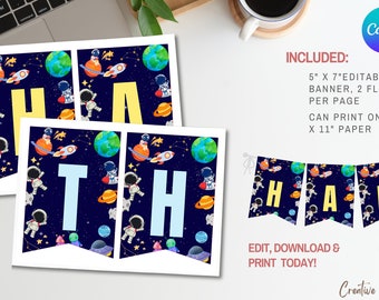 Outer Space Birthday Banner Template | Astronaut and Planets Birthday Banner, Space Birthday Party Banner, Galaxy Theme Birthday Banner