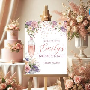 Plantilla de letrero de bienvenida para despedida de soltera con pétalos y prosecco, letrero de bienvenida para despedida de soltera con prosecco rosa, despedida de soltera floral, fiesta nupcial de primavera