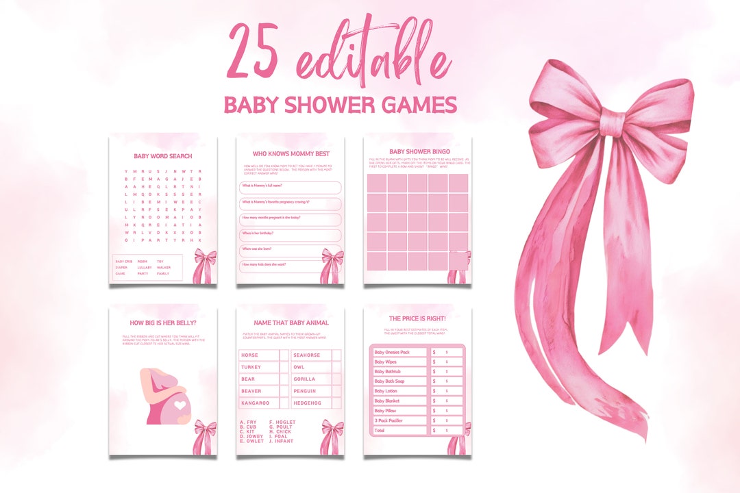 Editable Pink Bow Baby Shower Games Template, Baby Girl Pink Ribbon ...