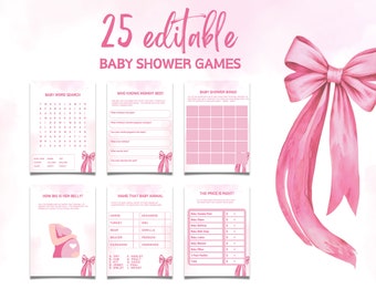 Bearbeitbare Rosa Schleifen-Babypartyspiele-Vorlage, Baby-Mädchen-Rosa-Band-Spiele-Bundle, Babyparty-Rosa-Bogen-Spielevorlage, Baby-Duschespiele-Set
