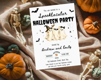 Halloween Party Invitation Template, Minimalist Cute Ghost Invitation, Spooky Halloween Party Canva Template