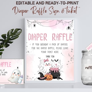Halloween-Babyparty-Windel-Verlosungsschild-Vorlage, ein kleines Boo-Mädchen-Babyparty-Windel-Gewinnspiel-Los, niedliches Geist-Dusche-Windel-Gewinnspielschild