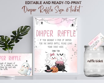 Halloween-Babyparty-Windel-Verlosungsschild-Vorlage, ein kleines Boo-Mädchen-Babyparty-Windel-Gewinnspiel-Los, niedliches Geist-Dusche-Windel-Gewinnspielschild